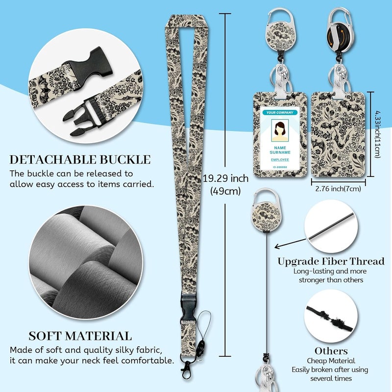 Hancynir Goth Bat Floral Lanyards for Id Badges, Gothic Badge Holder with Retractable Reel Clip, Work Name Tags Keychain Lanyard with ID Holder, Card Protector for Teacher Nurse Doctor Office Gifts - Image 4